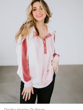 Laruie Belles Boutique Pink and Cream Hooded Pullover with Button Placket